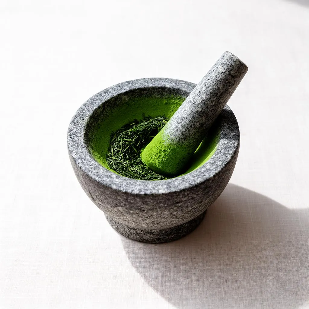 碾茶を石臼で挽く